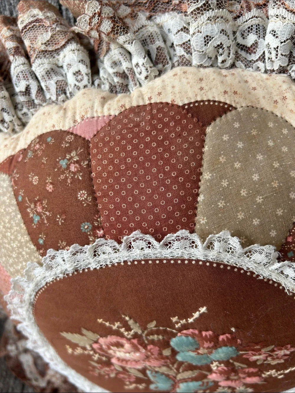Decor Round Floral Quilted/lace Pillow - Rust/Pink/Cream - Butterfly/flowers